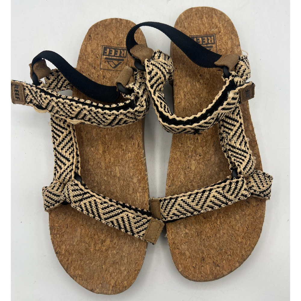 Reef Womens Size 10 Strappy Sandals Black Tan Woven Cork Footbed Adjustable - Picture 8 of 8
